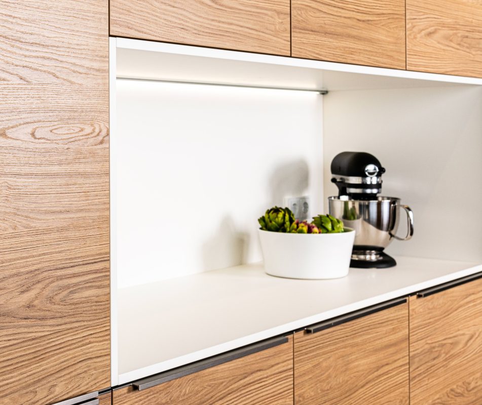 Küche Modell Andros Eiche Nordic weiße Compactplatte Detailaufnahme